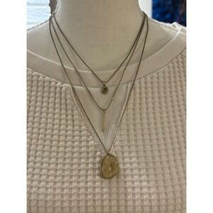 Lucky Brand Antique gold Tone Layered Necklace Triple Strand Yellow Stone Druzy